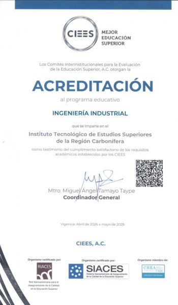 RECONOCEN CALIDAD EDUCATIVA DE LA CARRERA DE INGENIERÍA INDUSTRIAL DEL ITESRC