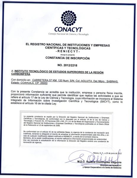 ITESRC RECIBE REGISTRO NACIONAL DE INSTITUCIONES Y EMPRESAS